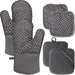 4 Pcs Oven Mitts and Pot Holders,High Heat 500°F Resistant Glove Potholder with Thick Cotton,Silicone Non-Slip Surface Long Kitchen Oven Glove for Cooking Baking Grilling