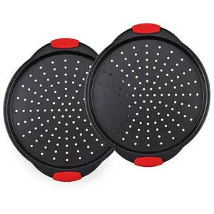 Nutrichef 2-Pc. Non-Stick Pizza Tray with Silic one Handle