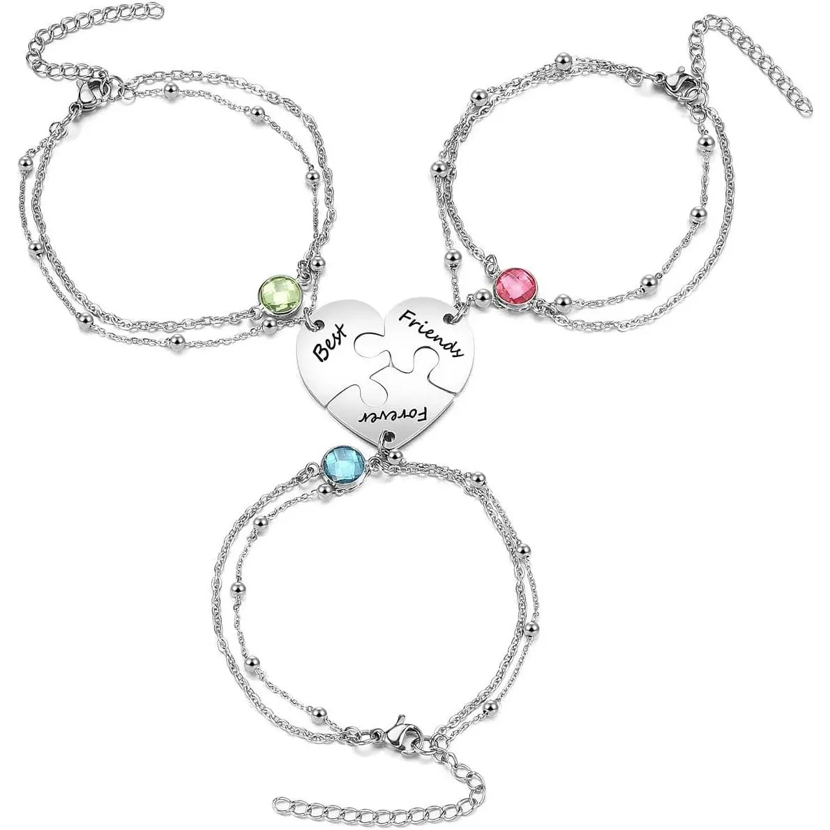 3/4 Pcs Puzzle Piece Bracelet Set for Family Best Friend Stainless Steel Best Friends Forever Anklet Bracelet BFF Matching Heart Pendant Friendship Jewelry for Women