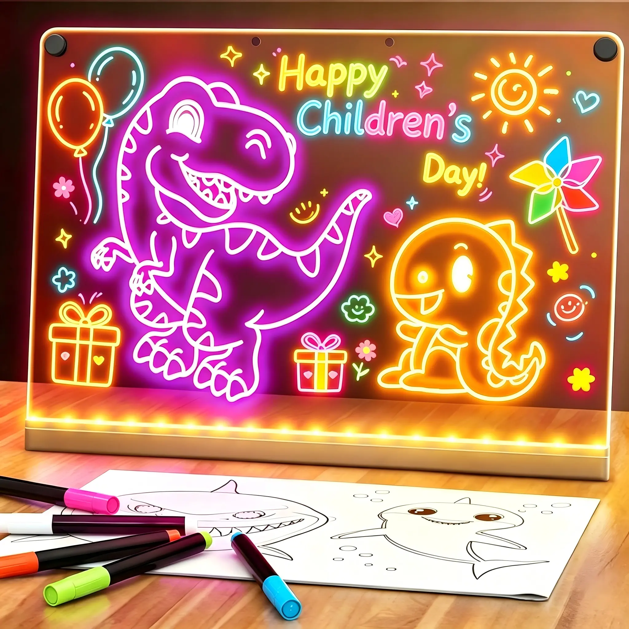 14-Inch Rechargeable LED Electronic Whiteboard - 1pcs, 7-Color Backlight Neon Dry Erase Drawing Pad with Built-in Stand (11.81”x7.87”), 5 Markers, Tracing Book, 4 Adjustable Display Modes, Girl Gift, Boosts Engagement, Reduces Screen Dependence, Home