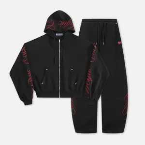 Aelfric Eden Boxy Embroidery 2 Piece Tracksuit Set High Waist Red Gothic Script Embroidery Detail Boxy Cropped Zip Up Hoodie + Baggy Wide Leg Sweatpants Soft Fabric Y2K Streetwear Unisex Two Piece Outfit
