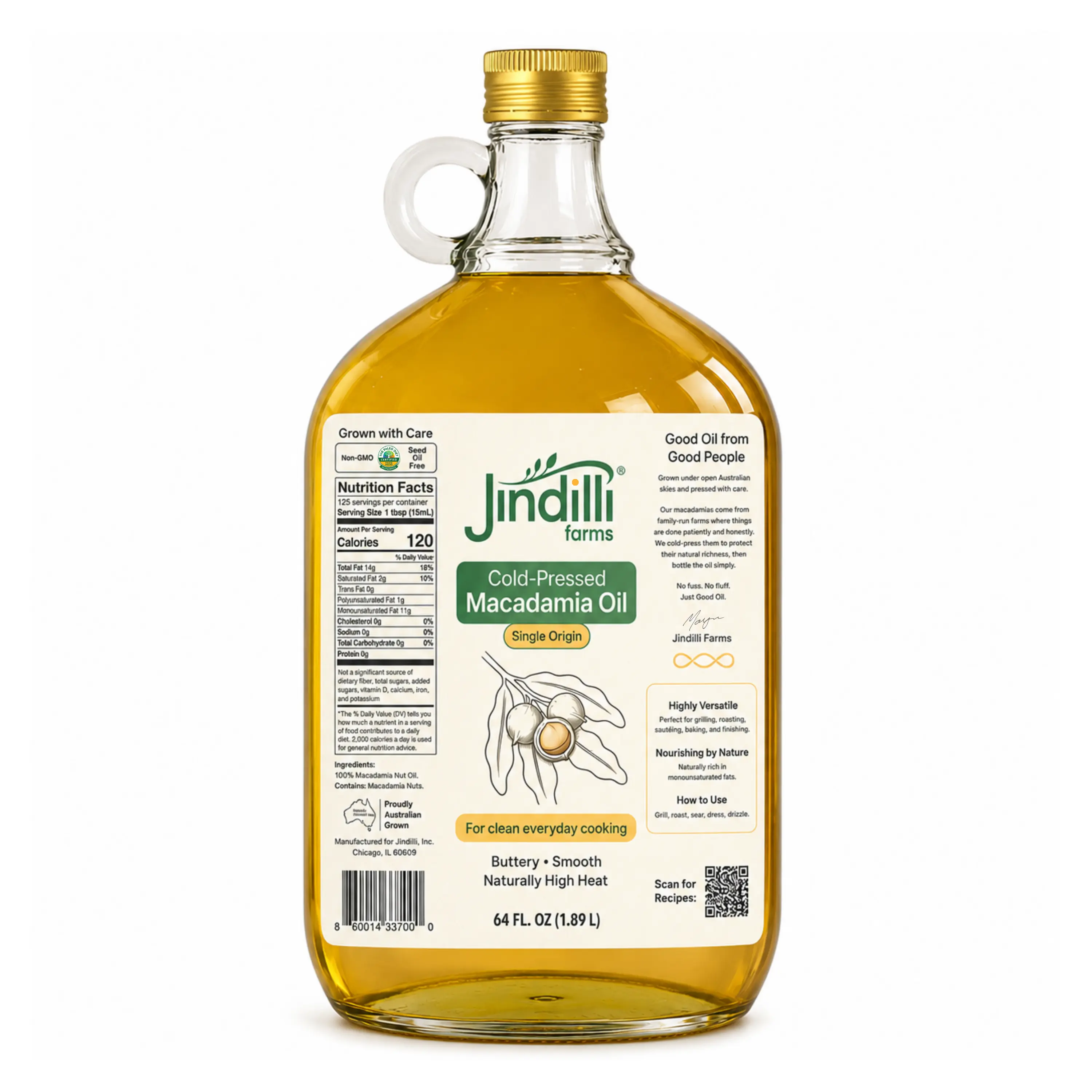 Cold-Pressed Macadamia Cooking Oil – 64oz | Keto, Paleo, Heart-Healthy, High Smoke Point