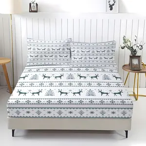 3-piece Christmas  pattern fitted sheet set, featuring a comfortable floral print design, including 1 flat sheet and 2 pillowcases, providing a cozy bedding experience. The anti-slip and dustproof cover is suitable for both bedrooms and guest rooms