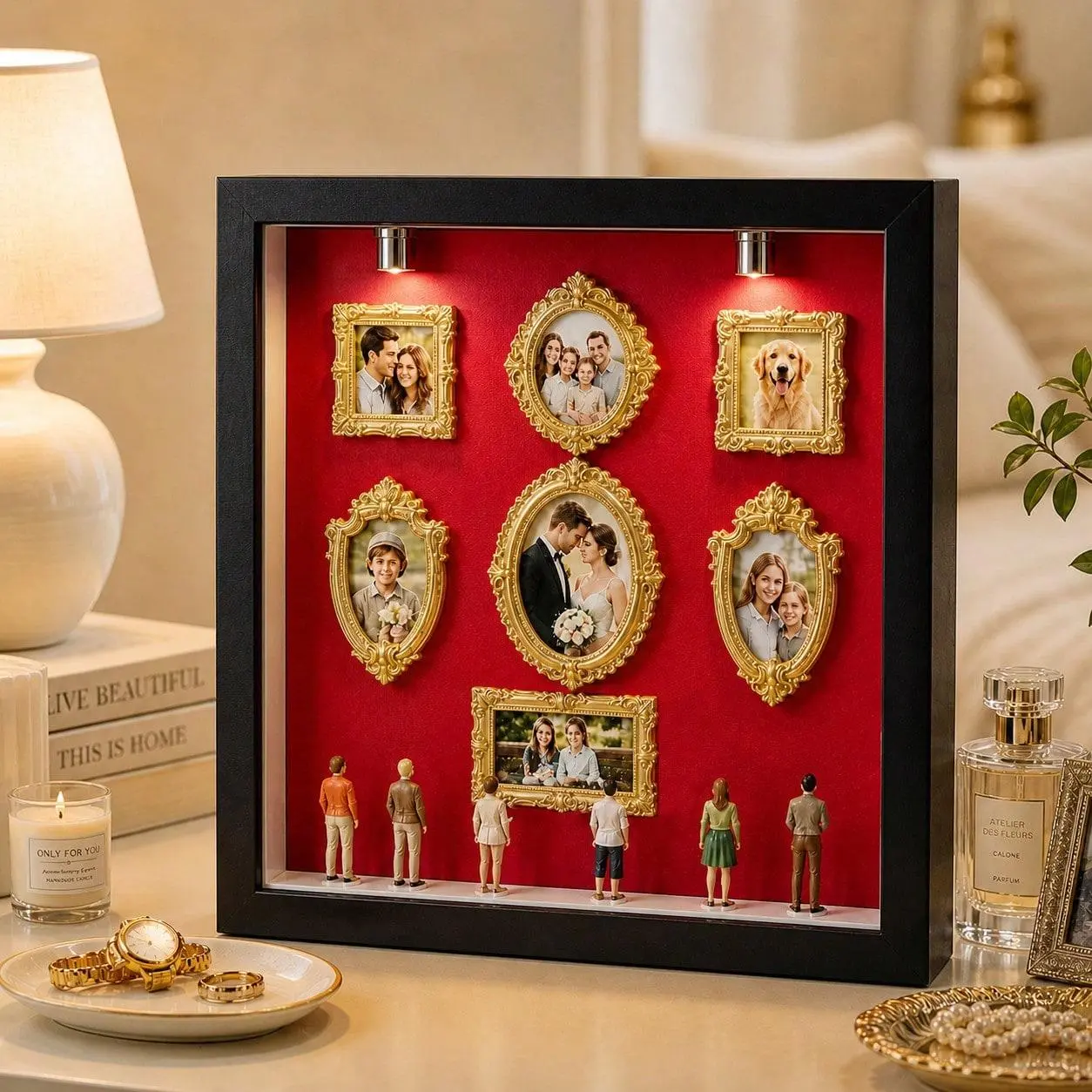 2026 New DIY Mini Museum Silhouette Light Box Kit - Customizable 3D Shadow Box with Gold Miniatures, Figurines, Photo Display, Warm LEDs, LED Lighting; Home Decor, Wedding Gift for Mother's Day, Children's Day