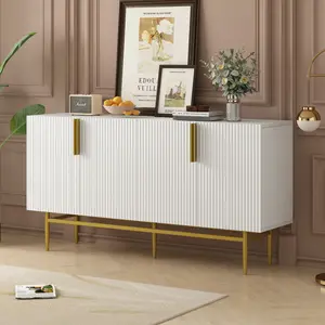 [SOIYELIFE] Modern Egant 4-door Sideboard Gold Metal Hand Buffet Cabinet for Dining Room, Living Room, Bedroom, Hallway (White)