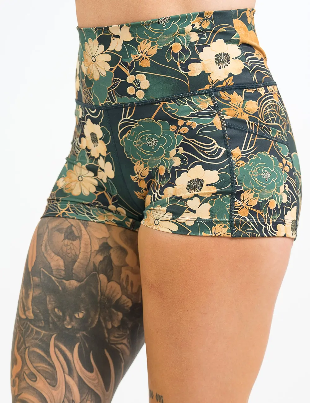 CONSTANTLY VARIED GEAR Women's Exhale Elegant Floral Spandex Shorts with Pockets, High Waist Compression for Workout & Beach, Bottoms