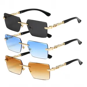 3-Pack Unisex Vintage Rimless Square Sunglasses Sharp Cut Edge UV400 Leopard Gradient Lenses Smoky Gray Gradient Blue Gradient Brown Polycarbonate Lenses PC Metal Frame 144mm Total Width 58mm Lens Width 39mm Lens Height