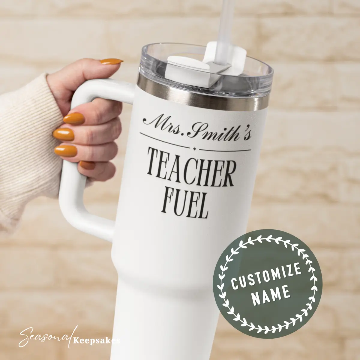Seasonal Keepsake Personalized Teacher Fuel 40oz Insulated Stainless Steel Travel Tumbler Customizable Name Mug for Teachers Exceptional Temperature Retention Easy to Carry Durable Design BPA Free