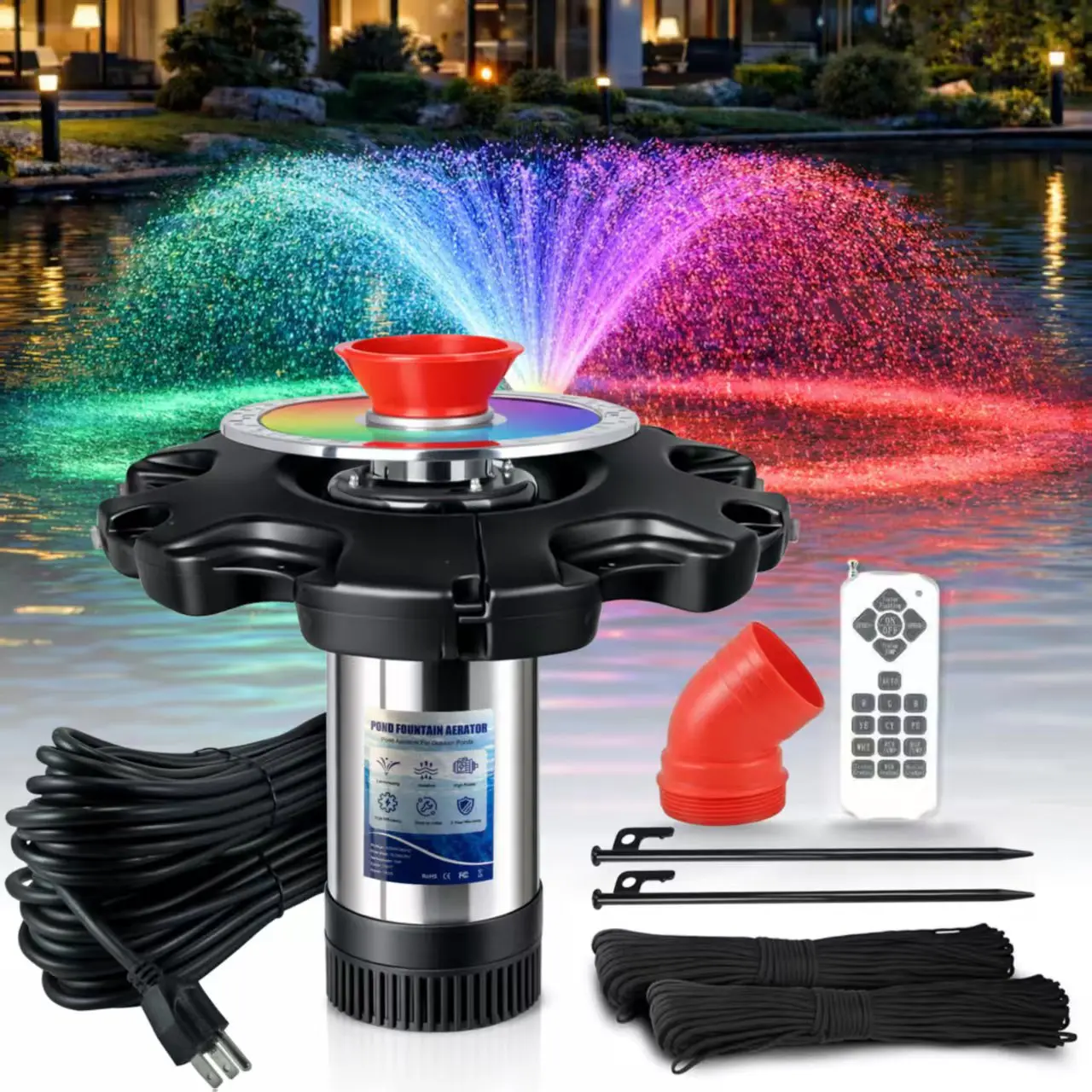 RGB LED Pond Fountain Aerator 750W with Color-Changing Light Show, 1HP 15000 GPH Floating Aerating Pump, 100ft Power Cord,  Perfect for Ponds & Lakes(120V),summervibes