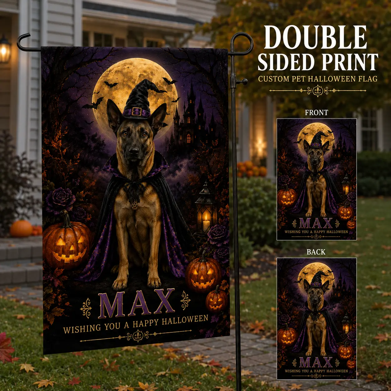 Personalized Halloween Golden Retriever Garden Flag - Custom Witch Dog Outdoor Decoration, Pet Name Ornament, Halloween Gift for Dog Lovers