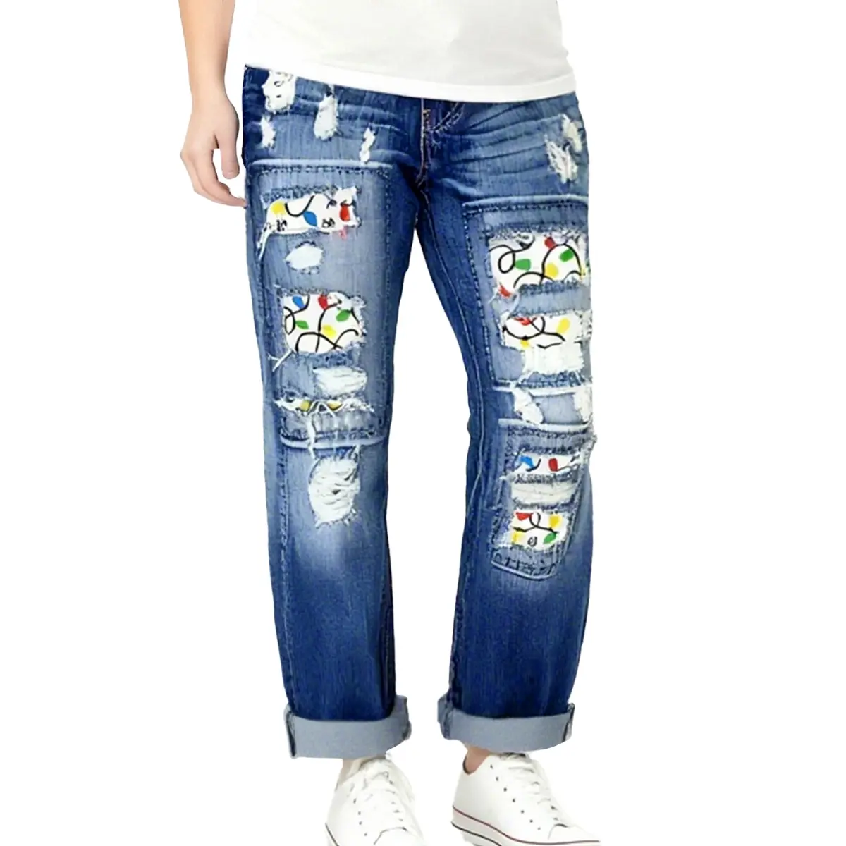Women's Christmas Light Graphic Jeans - Mid-Waist Straight Leg Casual Pants with Festive Embroidery, Normal Type Denim Bottom for Comfortable Streetwear Style