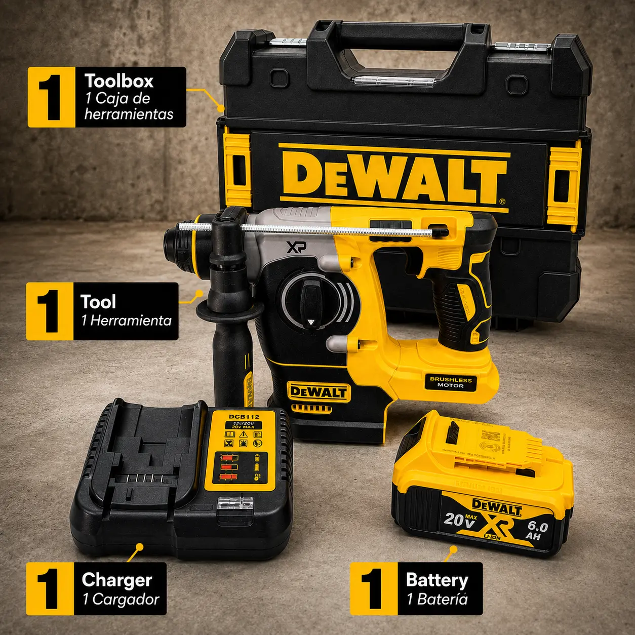 DEWALT DCH273 20V XR Brushless SDS Plus Rotary Hammer Kit Battery & Charger Included