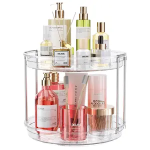 360 Rotating Makeup Organizer, 2 Tier 9.25" Clear Acrylic Lazy Susan, Non-Skid Turntable Organizer for Cabinet, Vanity Makeup, Kitchen, Pantry Organization Storage, Refrigerator, Bathroom Countertop
