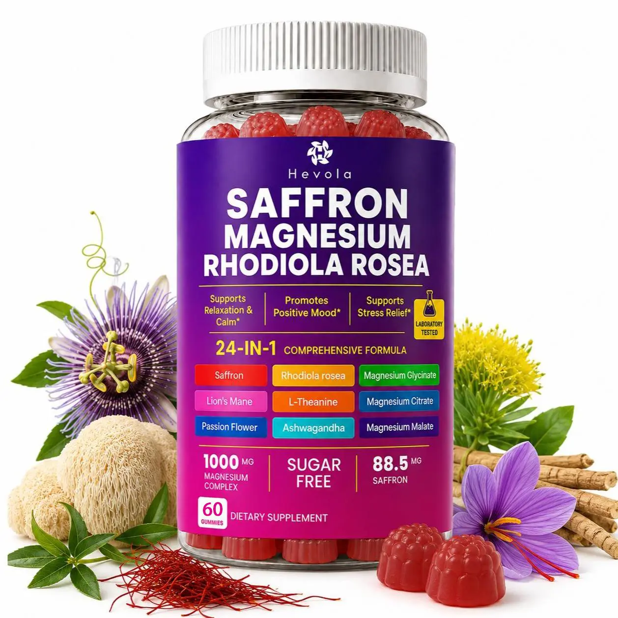 24-in-1 Saffron, Magnesium & Rhodiola Gummies | Formulated with Lion's Mane, L-Theanine, and Ashwagandha | Sugar-Free Raspberry Flavor