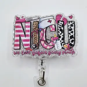 NICU We Love Babies Beary Much Glitter Acrylic Retractable Badge ID Reel Belt or Alligator Clip Perfect for Nurses PCTs Unit Clerks hospital worker