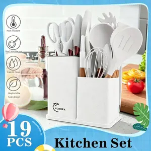19 Piece Kitchen Set Cutlery Set with 11 PieceSpatula Cooking Utensils, Heat Resistant SiliconeCutlery 6 Piece Sharp Knife Set 2 Piece CutleryCutting Board Black Wood Cookware Stylish Plastic white DurableKitchenware. pots pans set Handles Nonstick Wooden