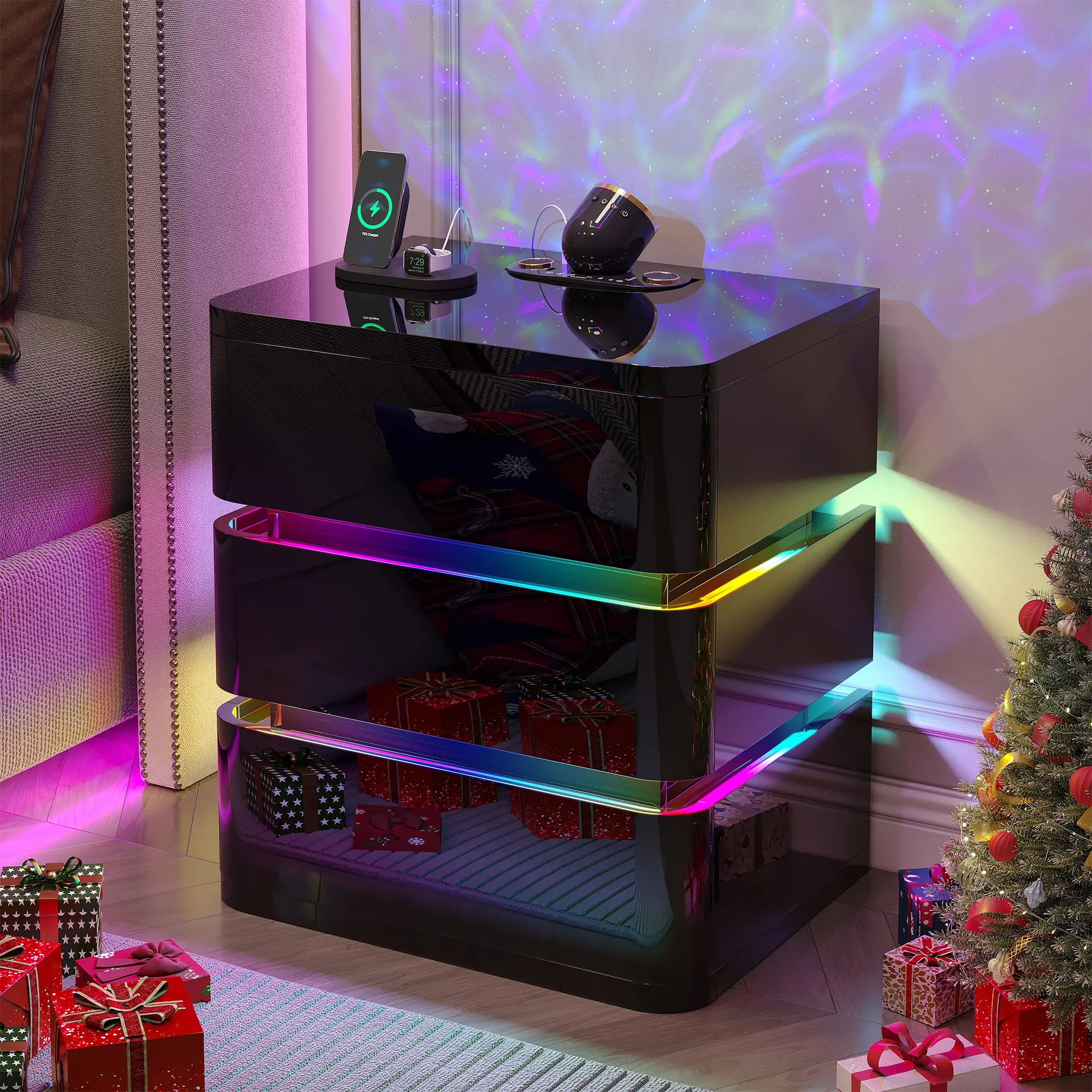 FREDEES Modern LED Nightstand - MDF Wood 3 Deep Drawers Bedroom Furniture, No Assembly Required, Curved Profile, 2 AC Outlets Charging Station, Bluetooth Projection Speaker, Motion-Sensor Glow RGB Light, Card Sensor Lock, Durable Indoor Table