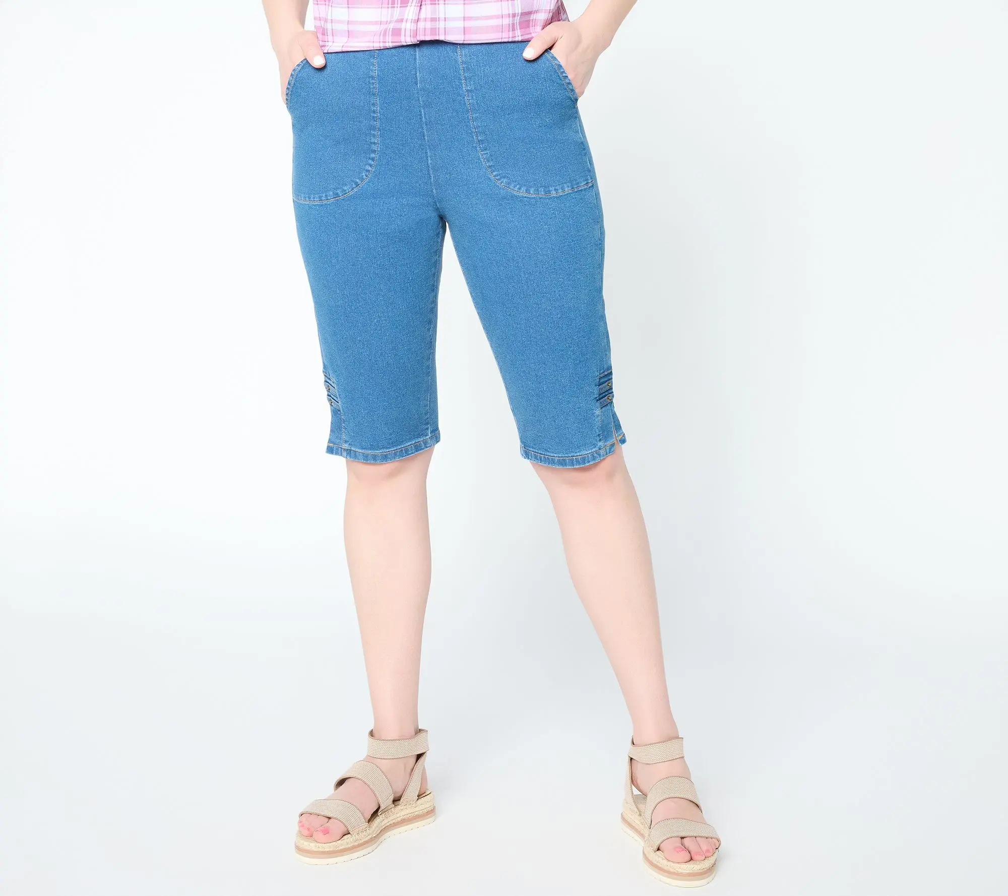 Denim & Co. Petite Indigo Flat Front Bermuda Shorts w/ Hem Detail