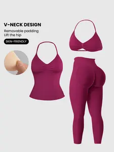 Women's Halter Top + Sports Bra + High Waist Tight Pants 3 Piece Set, Halter Neck Design, Detachable Pads, Detachable Padding, Butt Lifting, Abdominal Support, Yoga Fitness Daily Wear, Workout Outfits