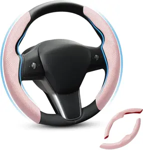 KUST Custom-Fit for Tesla Steering Wheel Cover, Tesla Model Y / 3 2017-2025 (Fit Model Y Juniper 2026/ Model 3 Highland) Carbon Fiber Steering Wheel Cover for Tesla Model Y / 3 Accessories (Pink，black)