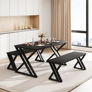 Kitchen Table with Benches - Dining Table Set for 4 Sturdy Metal Kitchen Table Set with X Metal Frame Saving Space Dining Room Table Set,Perfect for Kitchen, Apartment, or Studio