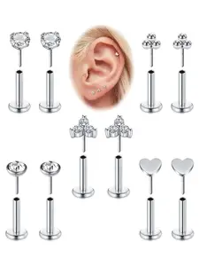 Stainless Steel Push in Earrings CZ, 20G Threadless Earring for Women, Flat Back Stud Earrings, Cartilage Helix Tragus Lobe Stud Labret Monroe Threadless Nose Studs Lip Ring Piercing Jewelry