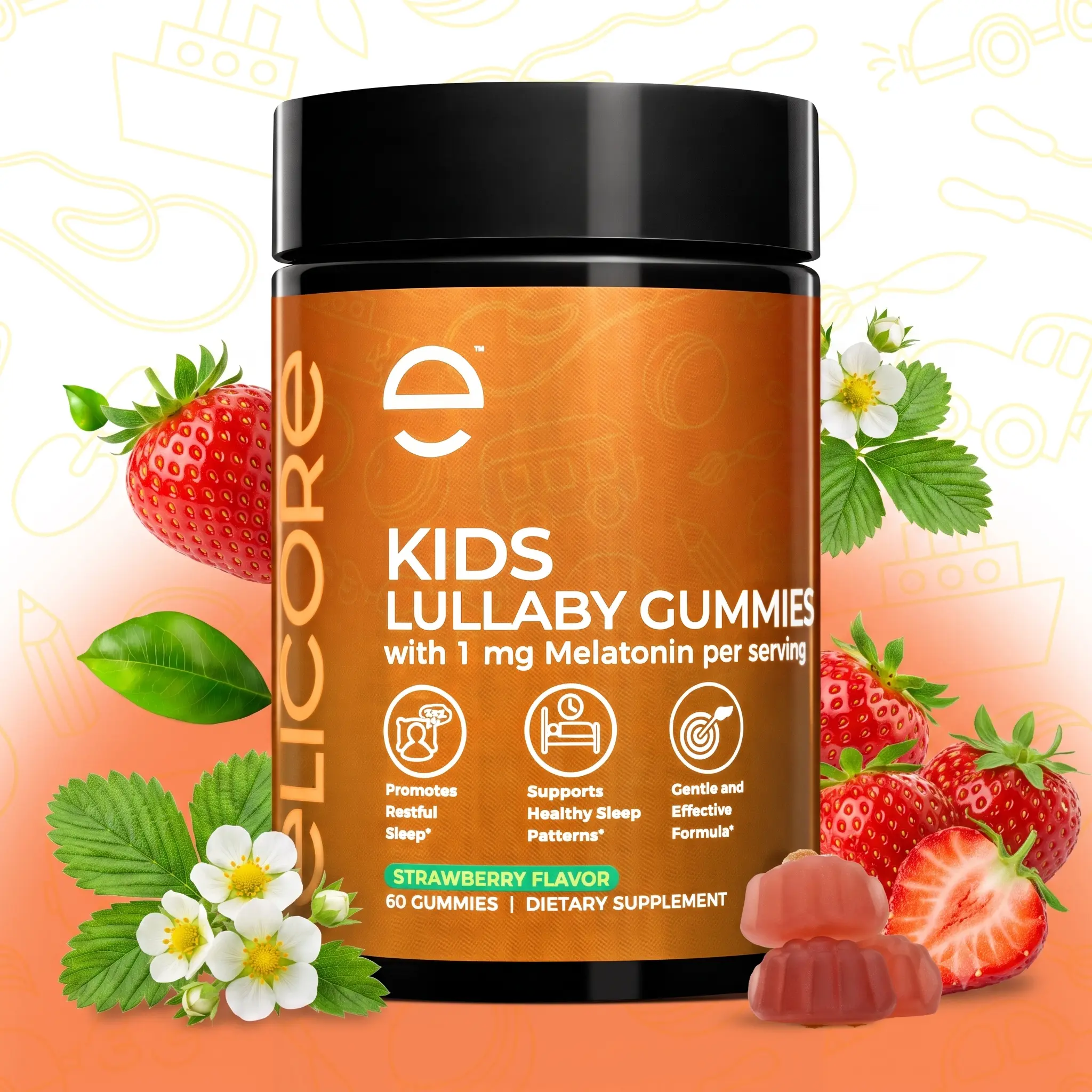 ELICORE Kids Lullaby Gummies with Melatonin 1mg – Sleep Gummies for Kids – Promotes Restful Sleep and Healthy Patterns – Strawberry Flavor – 60 Gummies