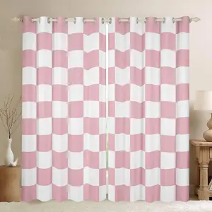 Checkered Window Curtains for Bedroom Teen Pink Plaid Window Drapes Treatments Cute Retro Neutral Checkerboard Geometric Curtains Vintage Aesthetic Room Decor,,2 Panels