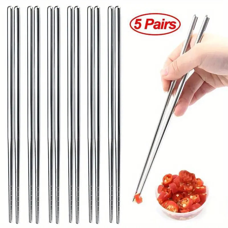 5 Pairs Chinese Chopsticks Stainless Steel Non-slip Sushi Chopstick Korean Japanese Food Metal Sticks Kitchen Kitchenware Cutlery Tableware Set Utensils
