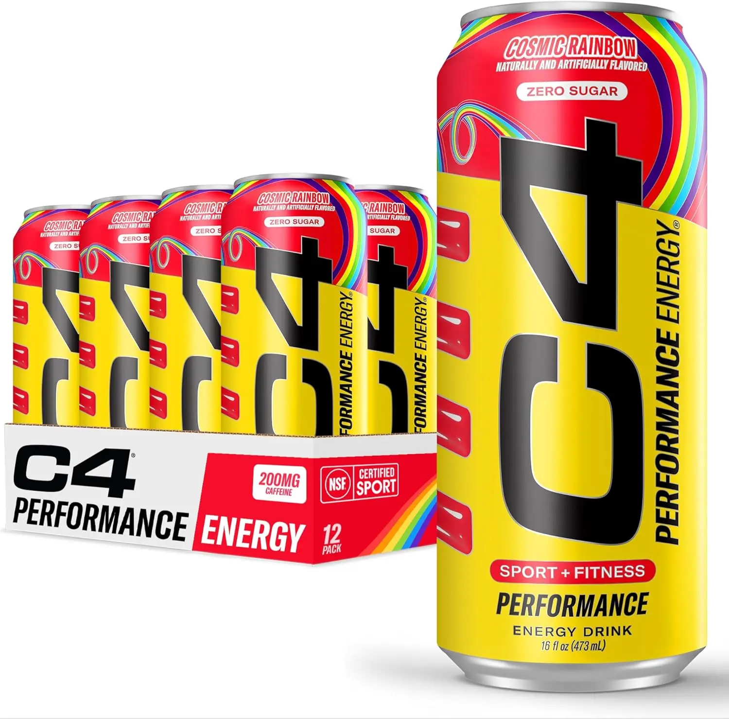 C4 Performance Sport Beverage, Cosmic Rainbow 0 Sugar Carbonated Preworkout Energy Drink, 200mg Caffeine, Beta Alanine, 16 Fl Oz (12 Pack), Packaging May Vary