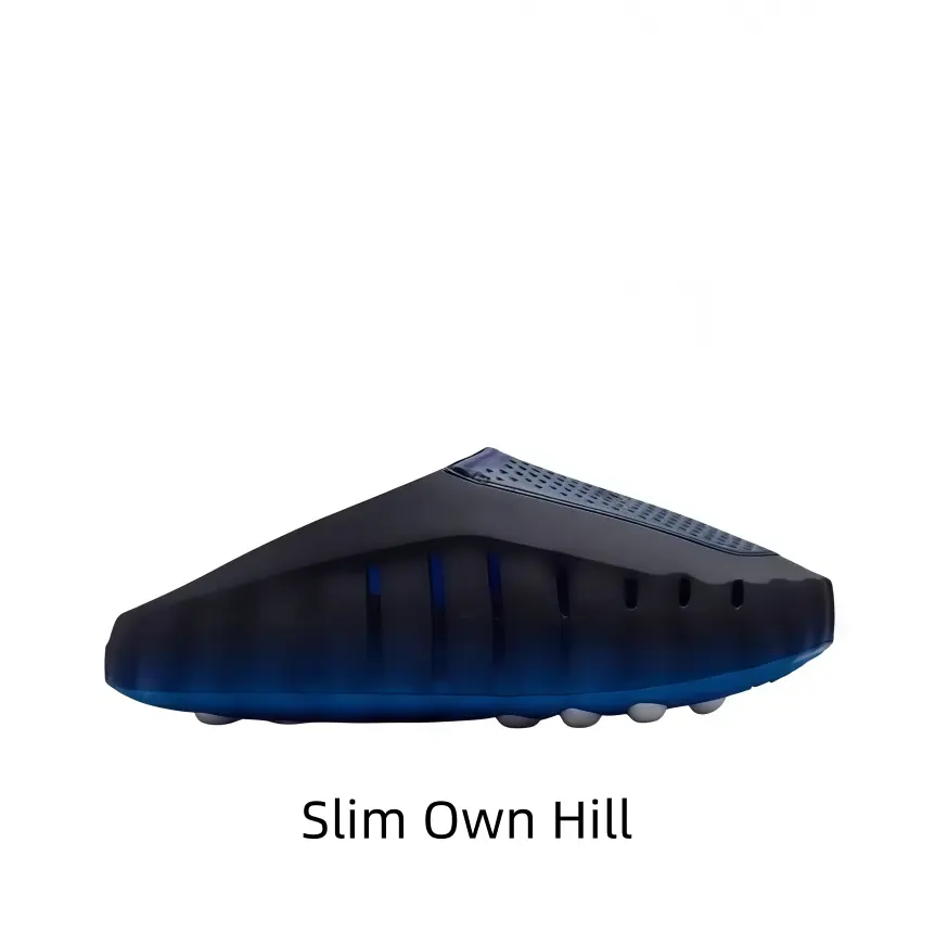 Black blue gradient hollow backless clog slides with vertical drainage holes, lightweight soft EVA quick-dry sandals with dotted anti-slip sole, unisex trendy slip-on mules fit beach shower camping and all daily summer casual street looks