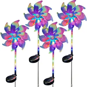 2 Pack Solar Powered Holographic Rainbow Wind Spinner Lights, Color Changing LED Garden Stake Decor, Waterproof Outdoor Windmill Lights for Yard, Lawn, Patio, Pathway & Backyard, Perfect Gifts for Mom, Grandma, Wife, Daughter, Girls & Garden Lovers
