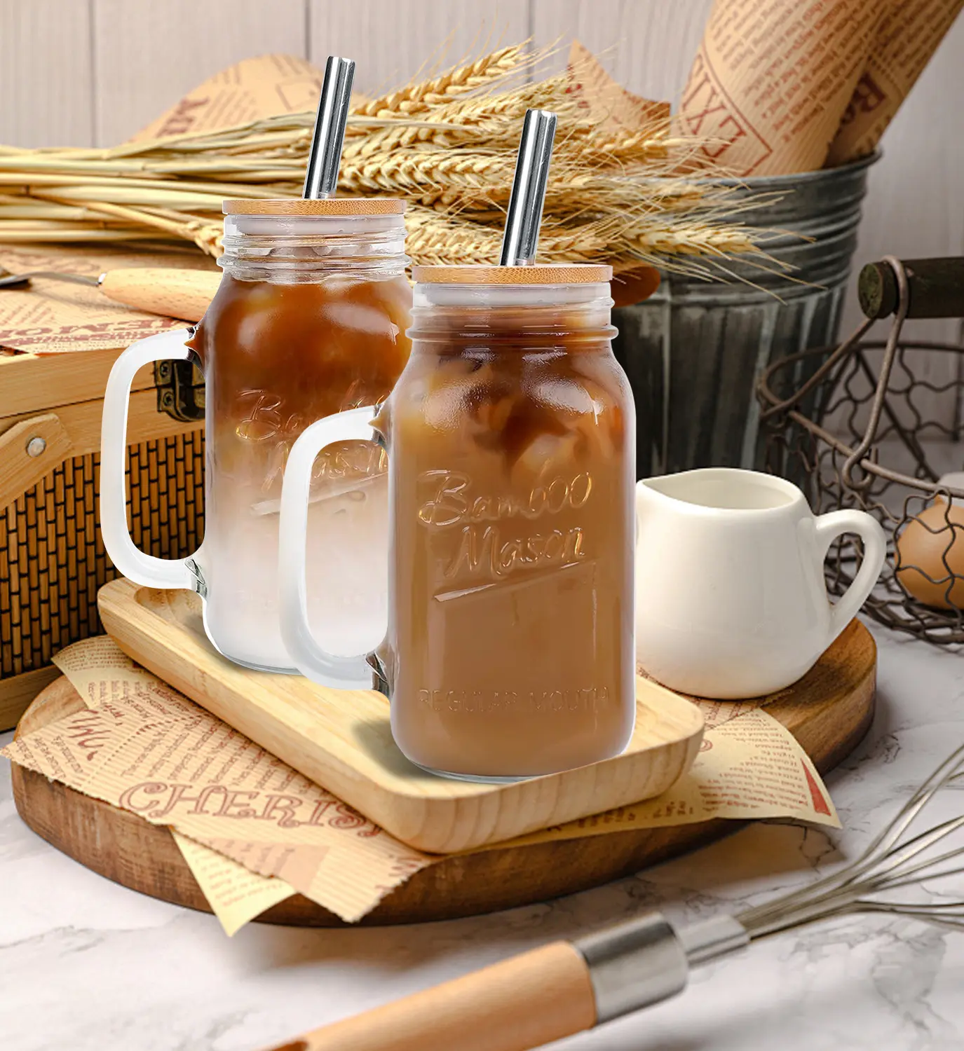 24oz Regular Mouth Mason Jars with Lid and Straw with Handle Drinking Glasses Tumbler Reusable Water Bottles for Iced Coffee Bamboo Classic
