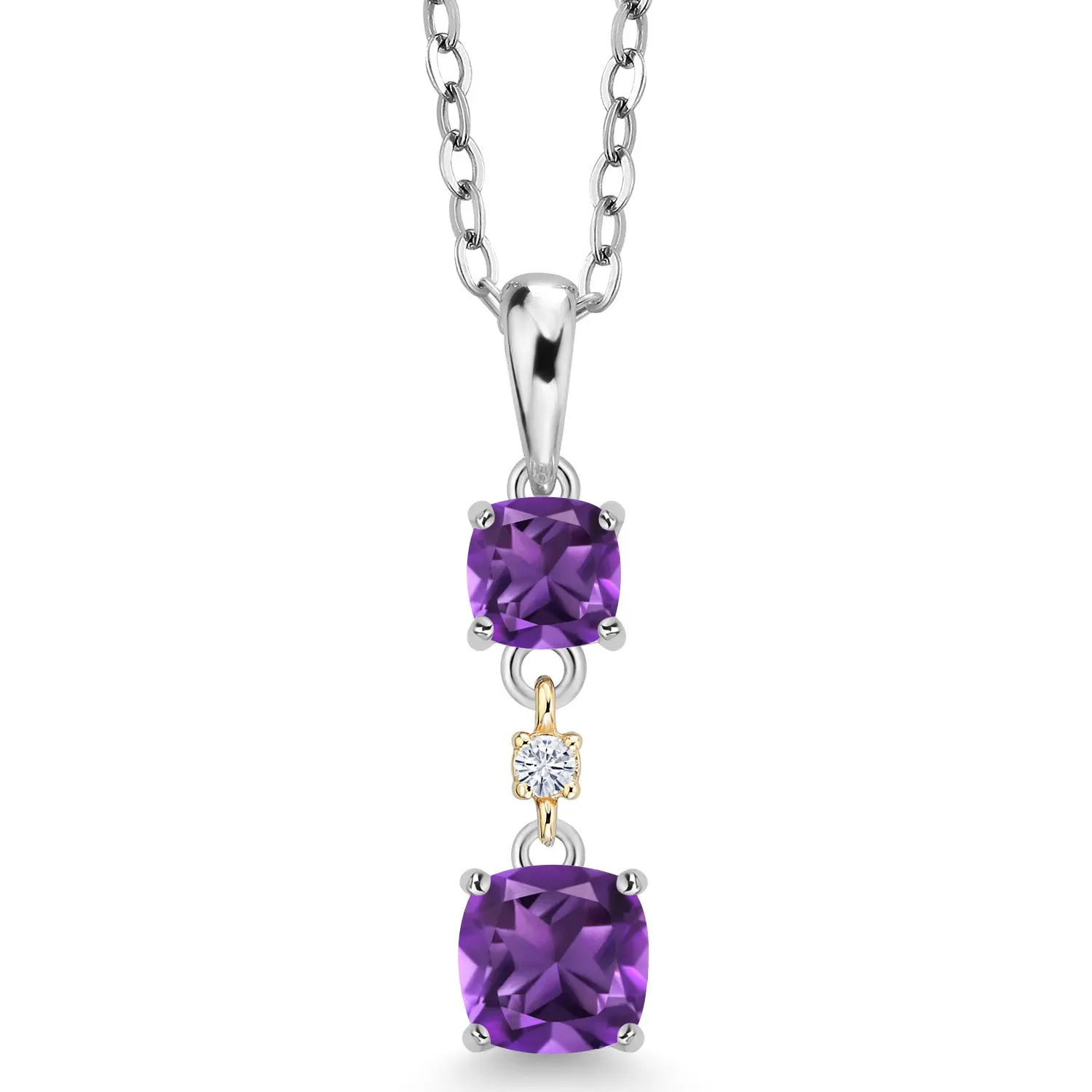 3-Stone Pendant Necklace For Women In 925 Sterling Silver and 10K Yellow Gold with 5MM and 4MM Cushion Gemstone Birthstone and 1.5MM Round Moissanite | 18 Inch Silver Chain