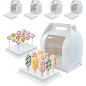 4 Pack Portable White Cake Pop Holder Boxes, Cake Pop Packaging Display Stand with Clear Window for Cakesicles