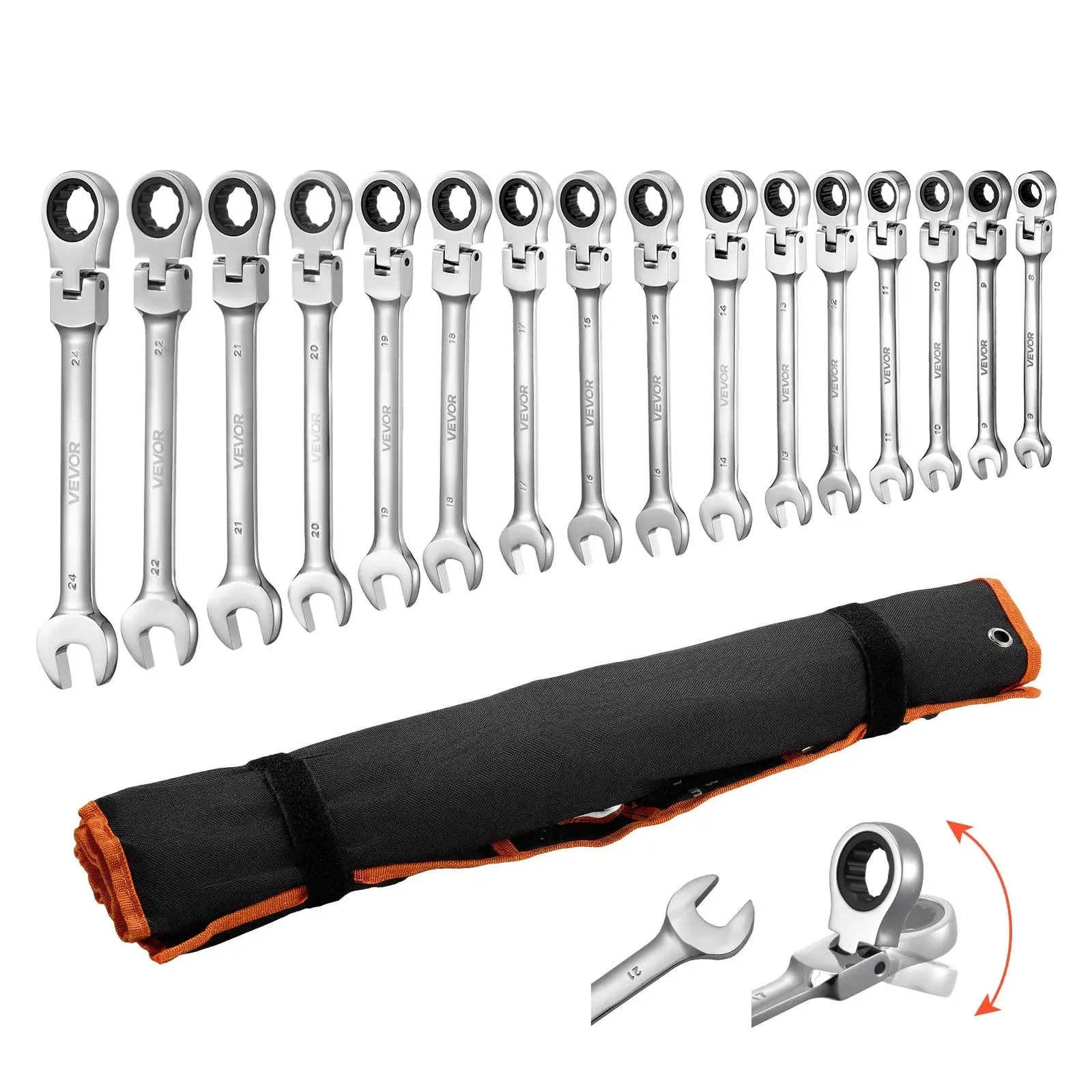 VEVOR Combination Ratchet Wrenches Set - 8pcs-SAE-Antique Bronze,12pcs-Metric-Bronze/Gray Nickel,30 Piece,72-Teeth Cr-V Steel Flex-Head, Size-Labeled, 8mm-19mm, Roll-Up Pack, Car & Household Repair Tools