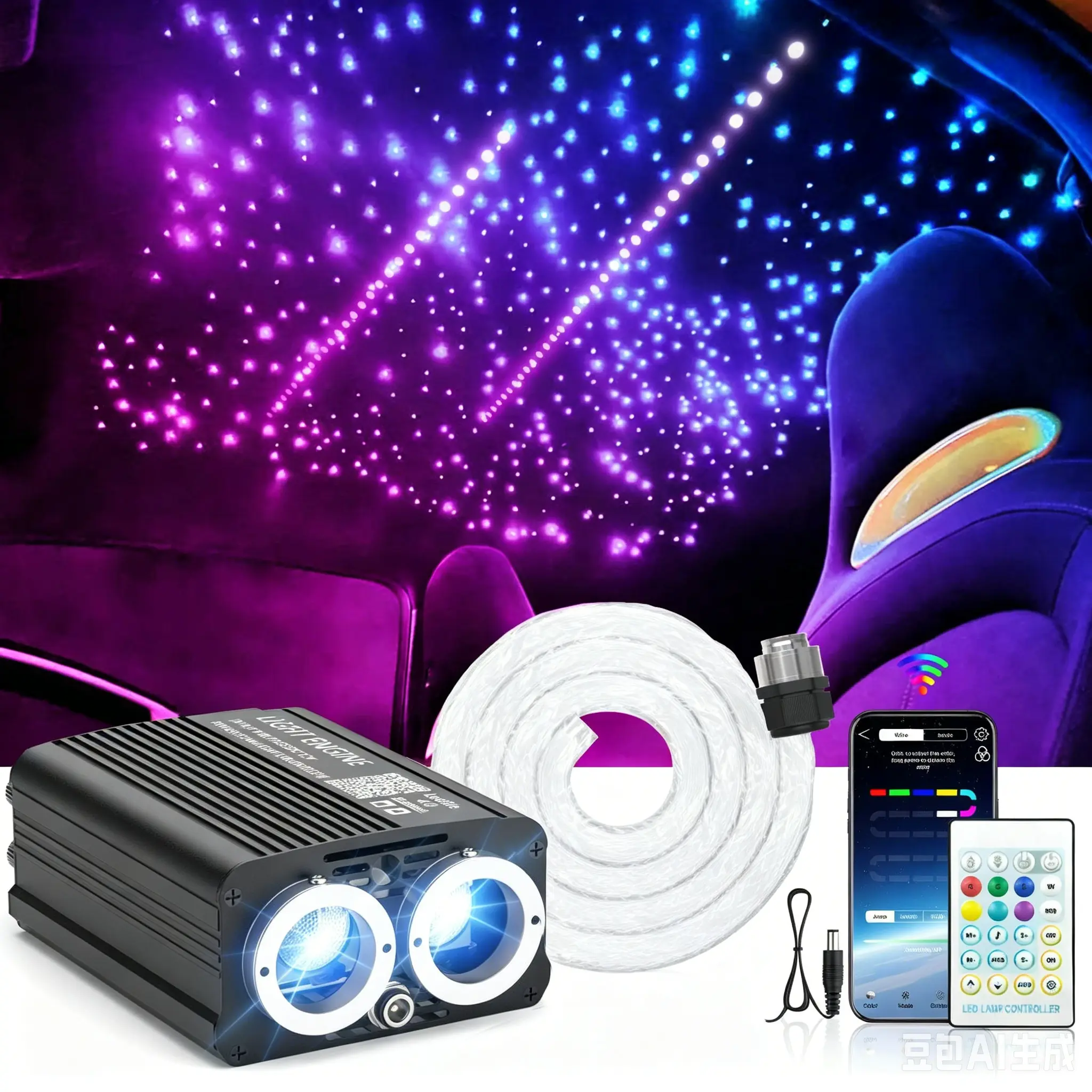 Dual Port 32W Twinkle Meteor 2 in 1 Starlight Headliner Light Kit, with 1200pcs 9.8ft/13.1ft Fiber Optic Star Lights for Car, RGBW Color Changing Source Sound Activated APP/Remote Control, DIY Interior Roof Ceiling Light