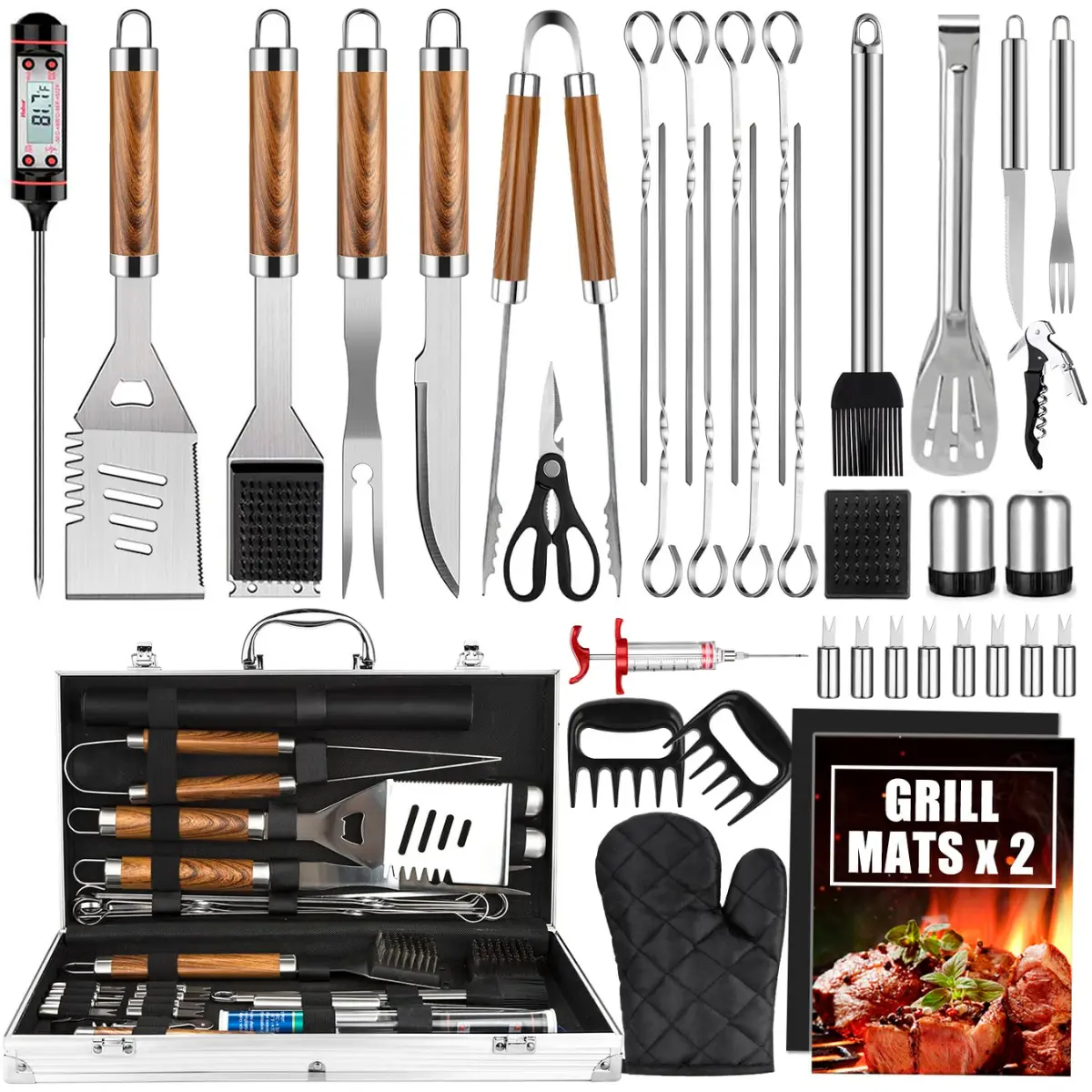 38 Pcs Stainless Steel BBQ Utensils Set, Elongated Heatproof Grilling Accessories with Grill Brush, Woodgrain Handle, Barbecue Mats and Aluminum Case for Camping, Backyard