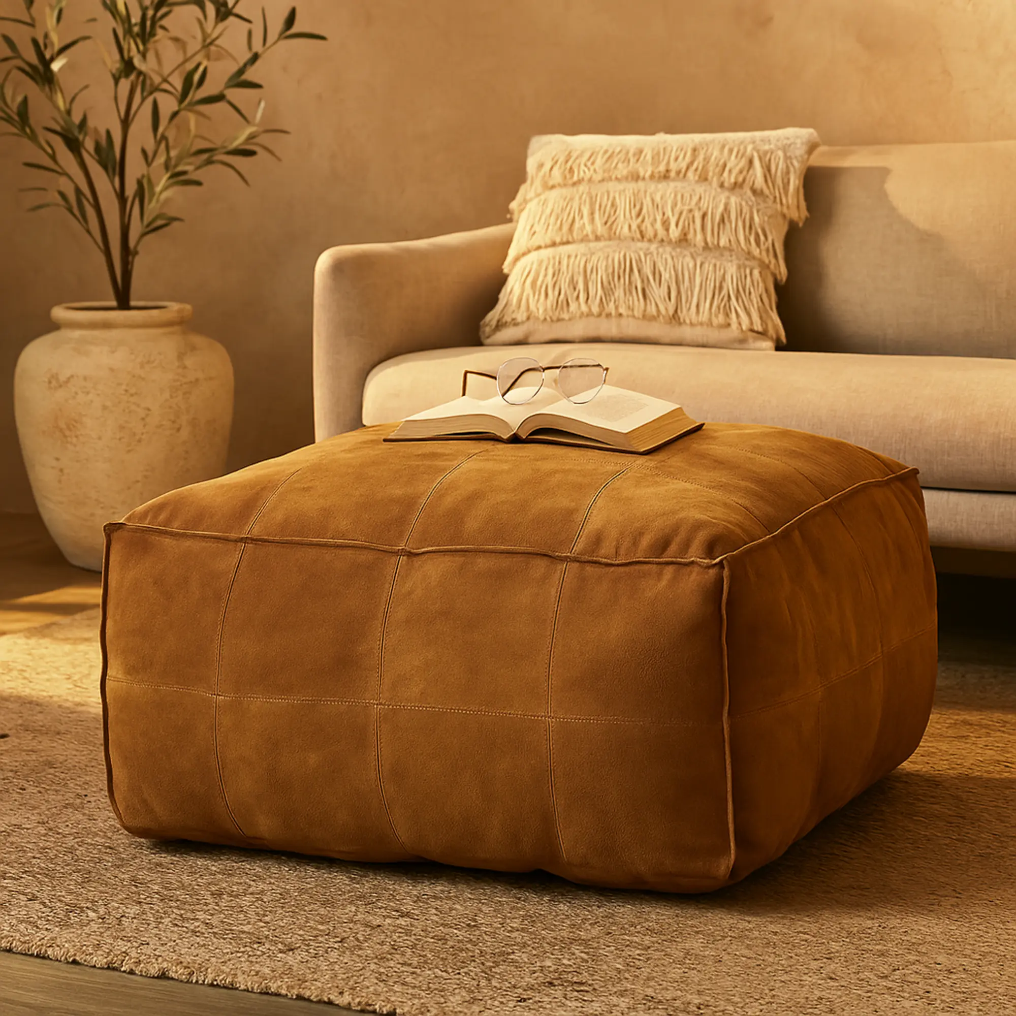 Leather Low-Profile Square Patchwork Stuffed Floor Pouf, Soft Padded Footstool, Upholstered Square Ottoman