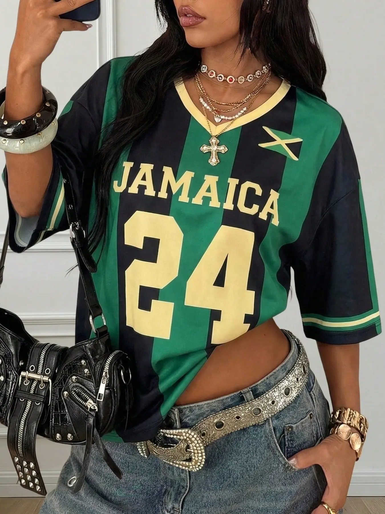 Y2K Retro Style Jamaica 24 Striped Jersey Women's T-Shirt Trendy Tee, Loose-Fitting Oversize Casual Everyday Wear Fashion Streetwear Top, All over Print, No Zipper, No Collar