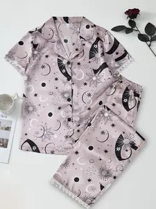 Women's Floral Print Pajama Set with Lace Trim, Comfortable Polyester Blend, Button Front Top & Elastic Waist Shorts