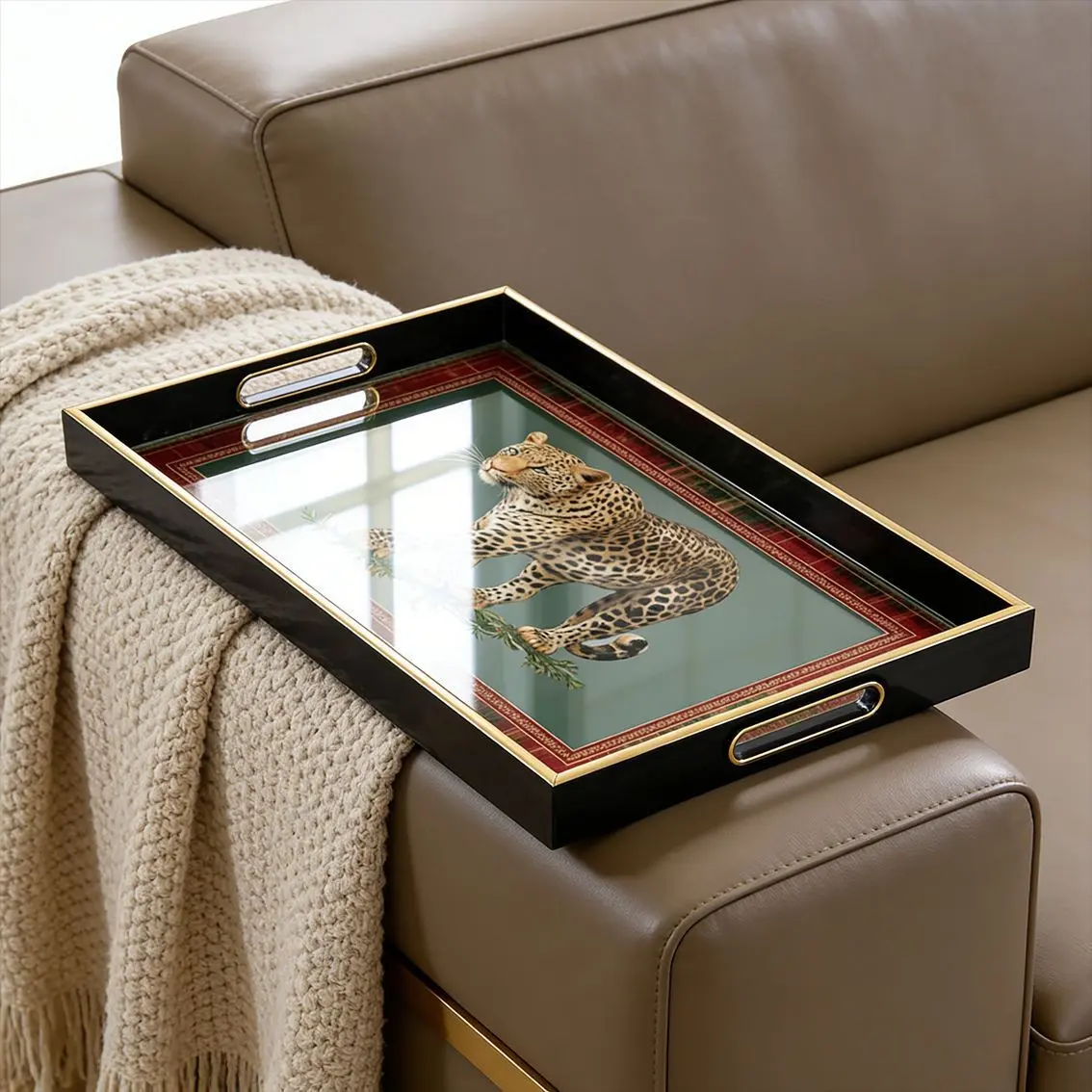 American Style Luxury Retro Leopard Print Tray, Rectangular Tea Tray with Handles, Living Room Decor Storage Dish, Elegant Home Accessory