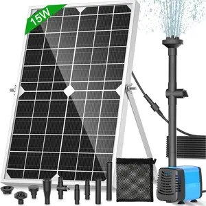 Solar Pond Pump, 15W Solar Fountain Pump with 190GPH Flow & 4  Styles, 16.5Ft Extendable Power Cord, Debris Barrier Bag for Outdoor Fountain, Ponds, Fish , Waterfall, Garden Water Features