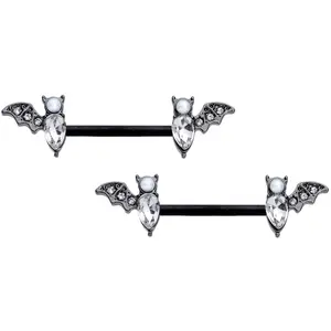 14 Gauge 9/16 Clear Gem Black Bat Halloween Barbell Nipple Ring Set