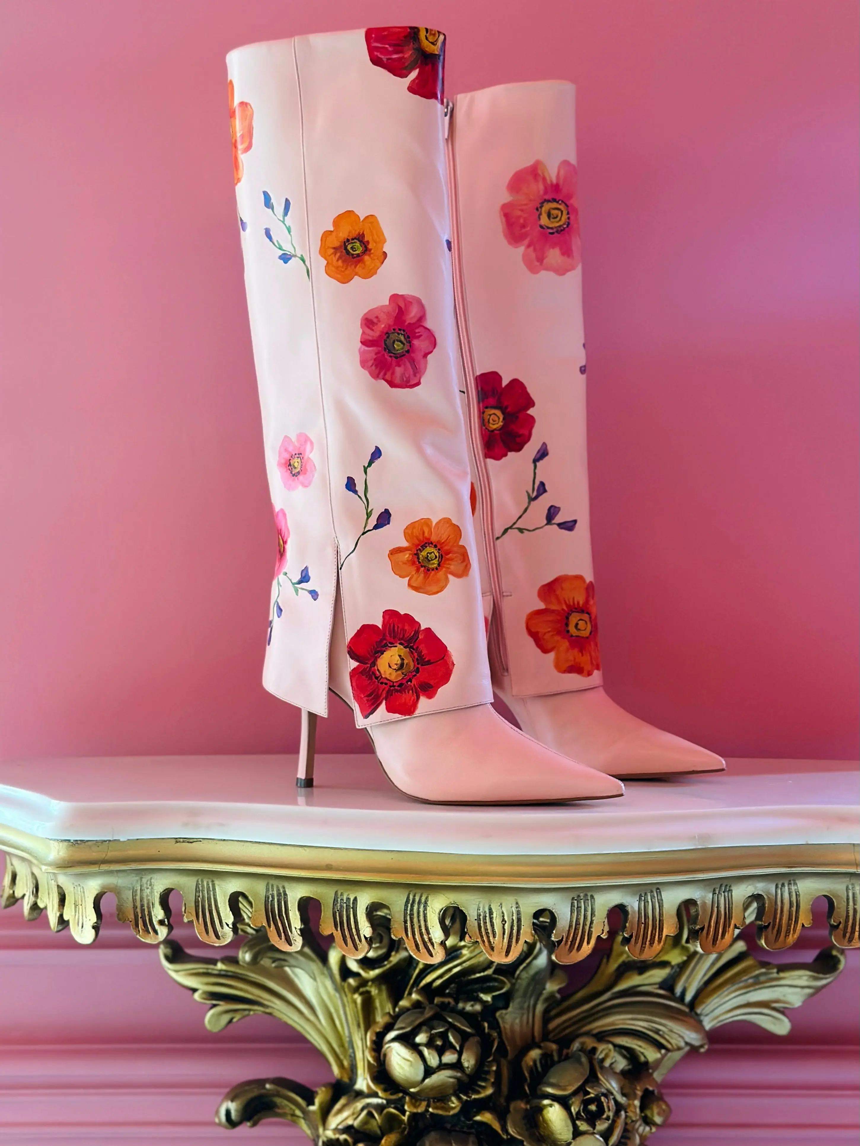 Florelle Custom Hand-Painted Chunky Long Cowboy Boots | Western Boots with Side Zipper, Napa Peach Leather, High Heeled Walking Shoes, Unique Floral Design, Luxury Fashion Boots Footwear Women Girl Soft Bathroom Decor