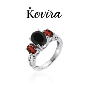 Kovira S925 Sterling Silver Vintage Black & Red 5A Zircon Three Stone Ring for Women Everyday Wear Mother's Day Gift For Her Trendy Fine Jewelry Two Tone Ring