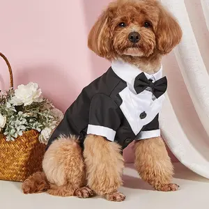 Dog Shirt Puppy Clothes, Pet Wedding Suit Formal Tuxedo with Black Bow Tie, Dog Outfit for Small Dogs Cats, Poodle Dog Wedding Attire, Costume