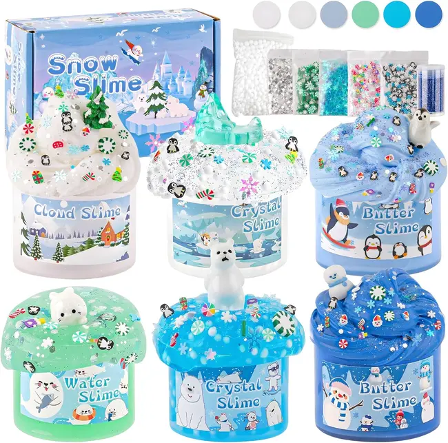 6 Packs Snow Slime Making Kit - Unisex Sensory Toy with Butter, Clear, Cloud & Water Slime, 8 Christmas Charms, Glitter Mix - Winter Kids' Birthday Christmas Gift