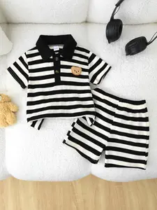 Baby Boys Summer Colorblock Striped Polo Shirt Short Sleeve Cute Bear Patch Loose Fit Shorts Casual Baby Clothing 2 Piece Set