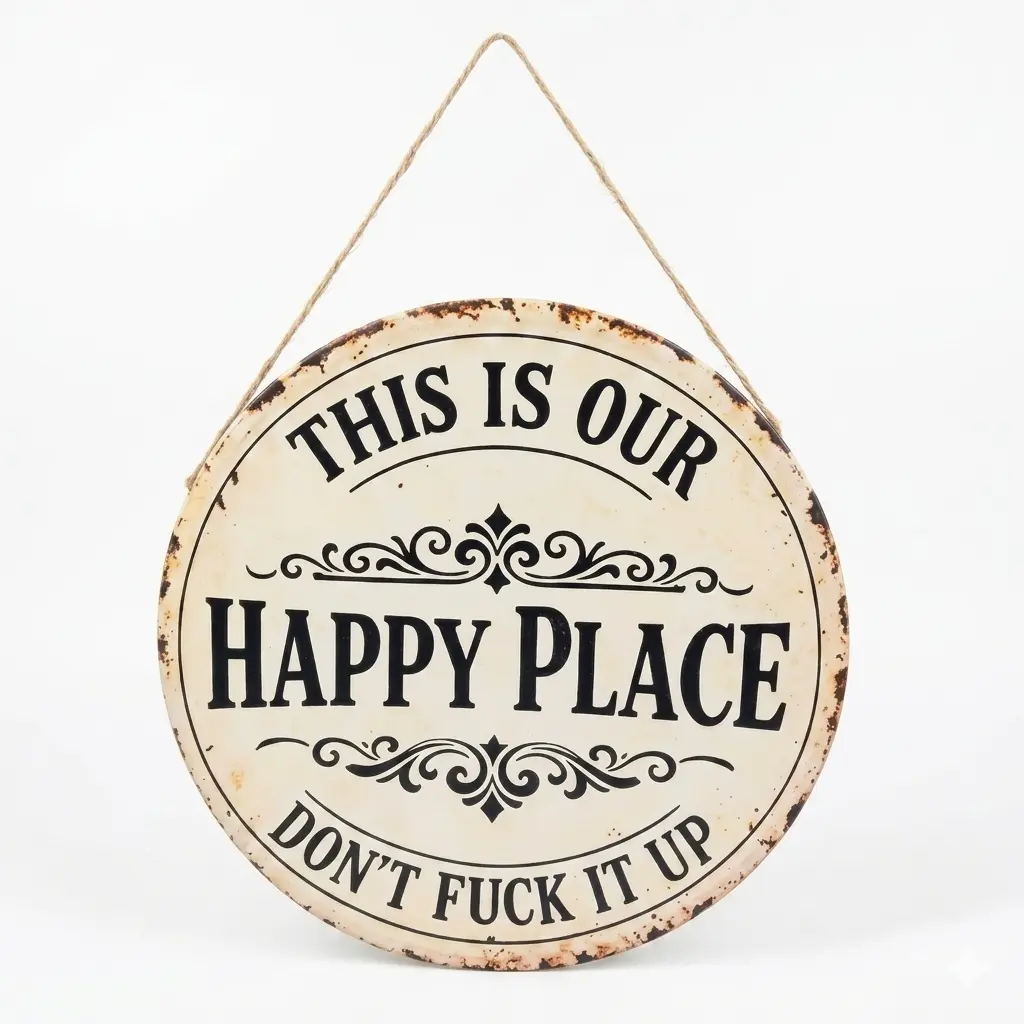 Funny This Is Our Happy Place F-Word Metal Sign, Round Hanging Hanging Plaque for Front Door,Retro Sarcastic Wall Art for Backyard Patio Garage Home Bar, Perfect Fathers Day Gift for Dad Man Cave
